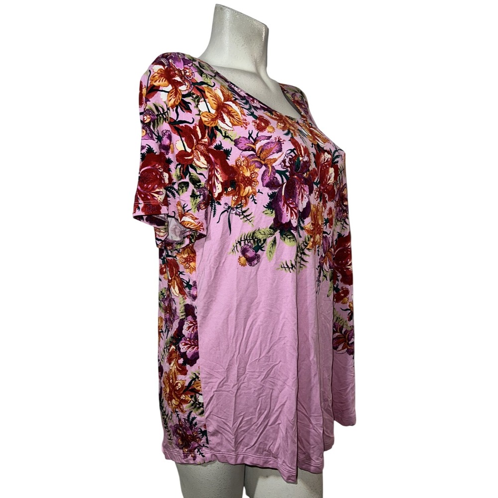 JM Collection Womens XXL Pink Floral Scoop Neck Short Sleeve Top T-Shirt - Picture 3 of 6